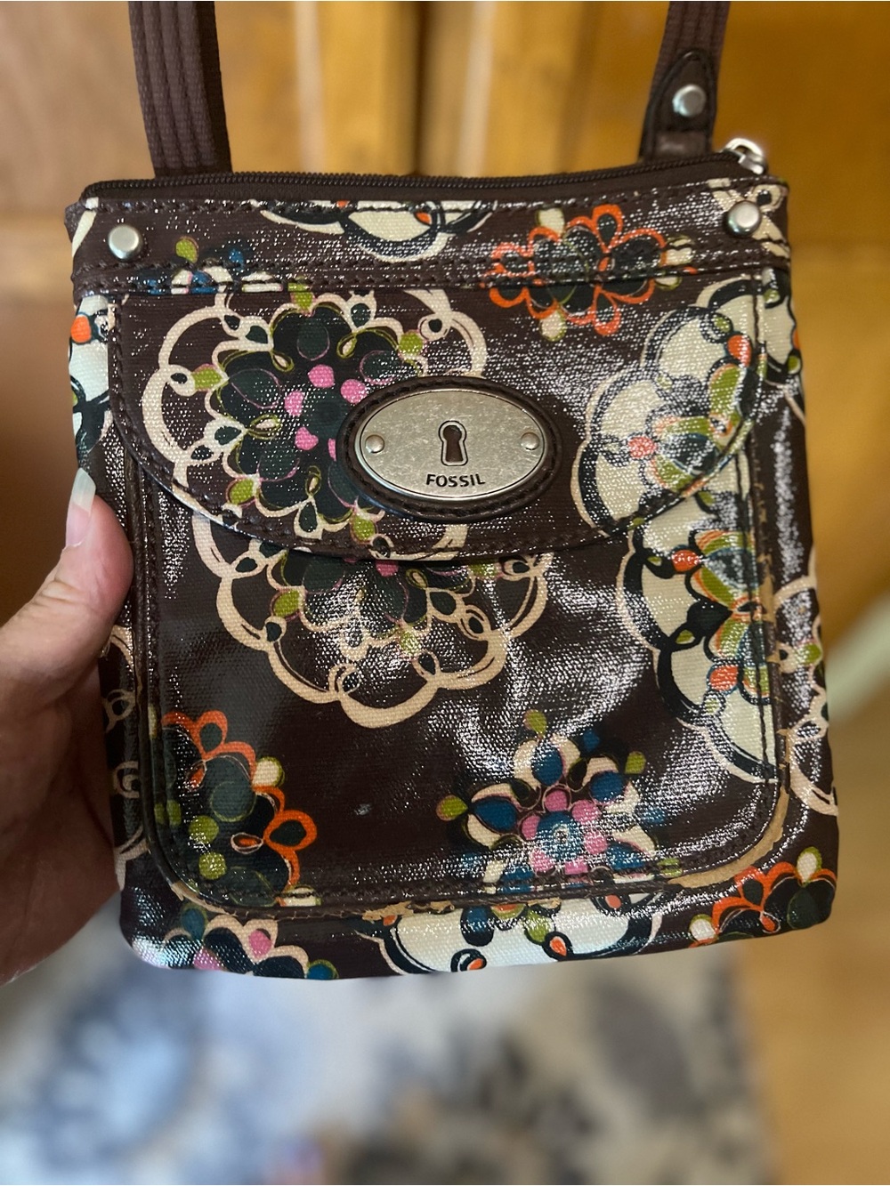 Fossil Key-Per Brown Floral Coated Canvas Crossbody